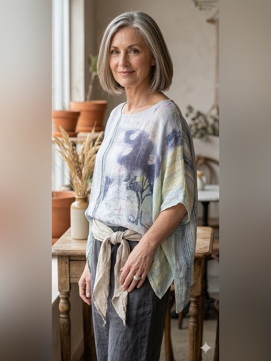 Pure Jill Tops - Pure Jill Kimono 100% Linen Top Shirt OS Watercolor Lagenlook Art to Wear Pastel